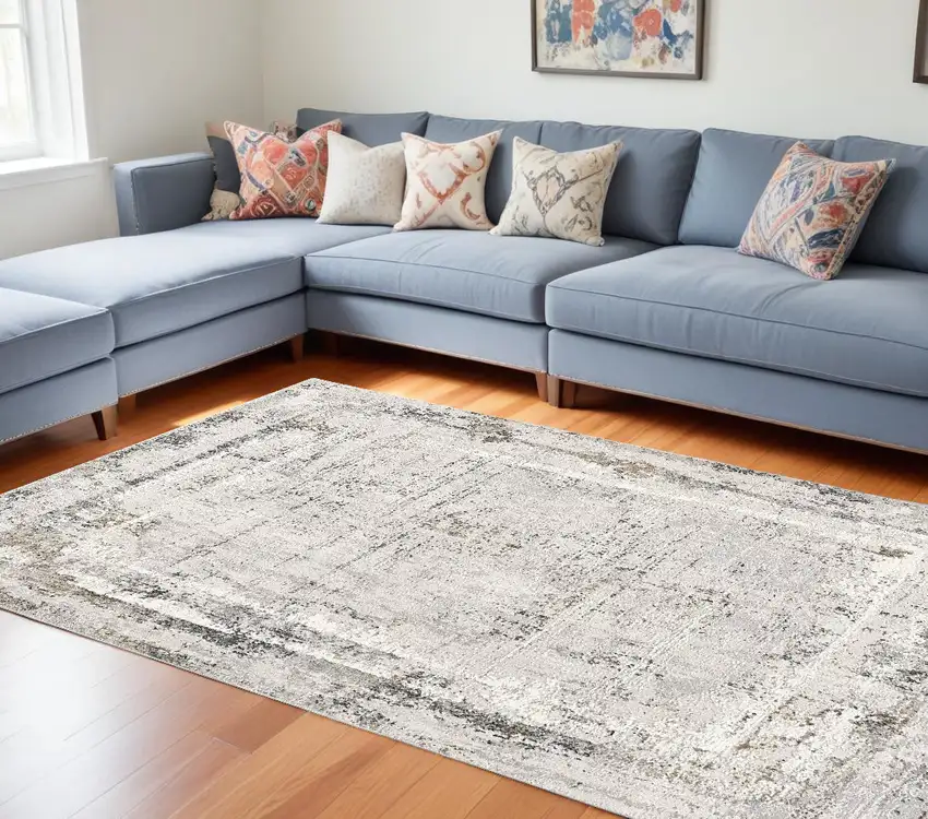 Gray and Ivory Abstract Power Loom Area Rug Photo 1