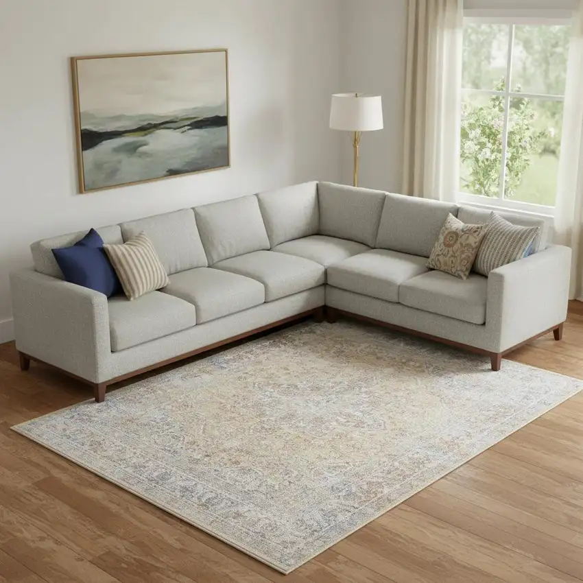 Cream Ivory And Brown Medallion Distressed Area Rug With Fringe Photo 1