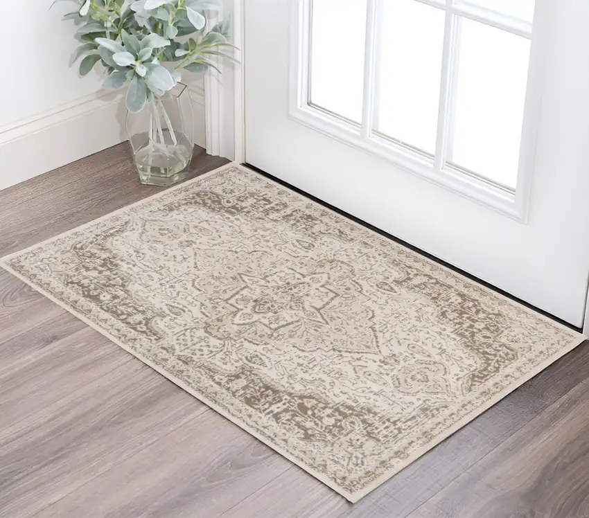 Gray and Light Cream Medallion Power Loom Area Rug Photo 1