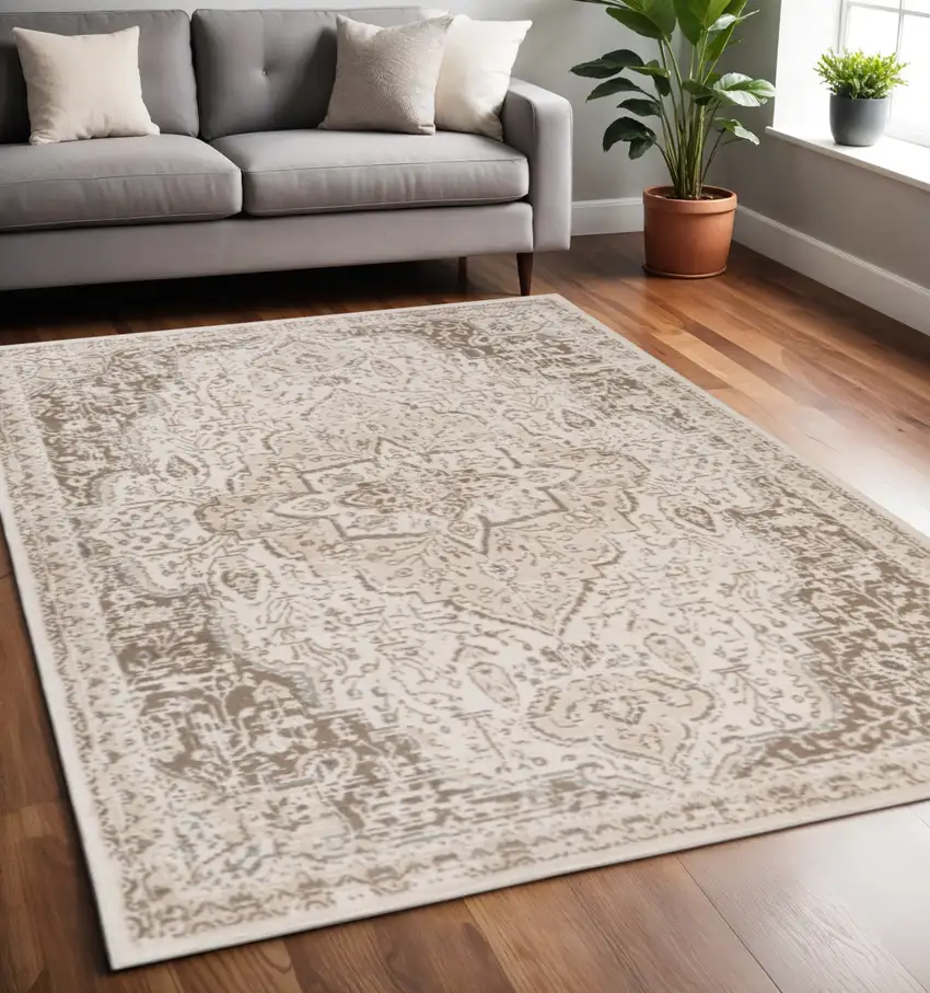 Cream And Brown Medallion Area Rug Photo 1