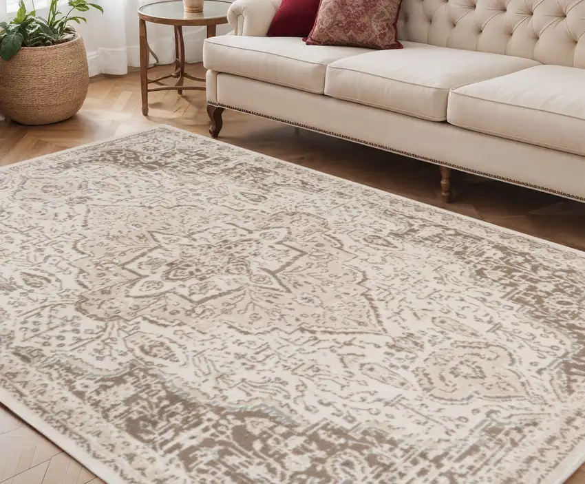 Gray and Light Cream Medallion Power Loom Area Rug Photo 1