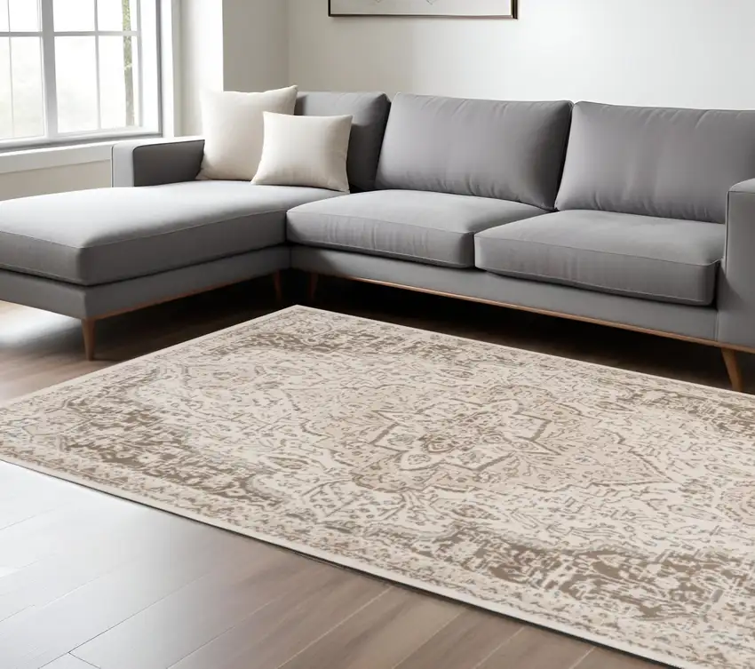 Gray and Light Cream Medallion Power Loom Area Rug Photo 1