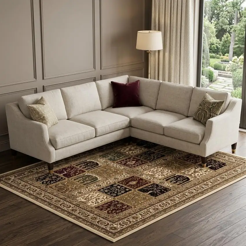 Beige and Black Oriental Power Loom Area Rug Photo 1