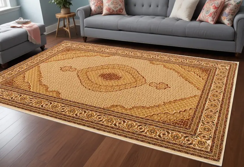 Beige and Ivory Oriental Power Loom Area Rug Photo 1