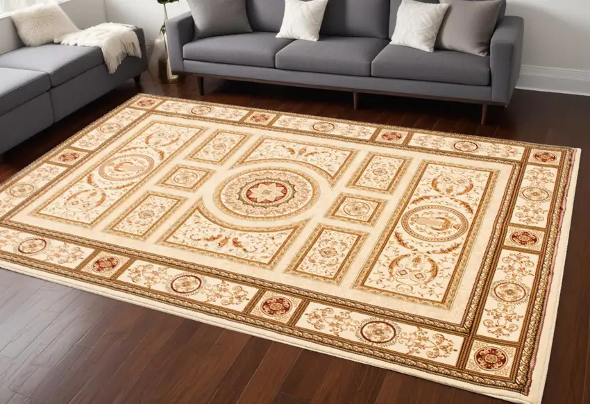 Beige and Ivory Oriental Power Loom Area Rug Photo 1