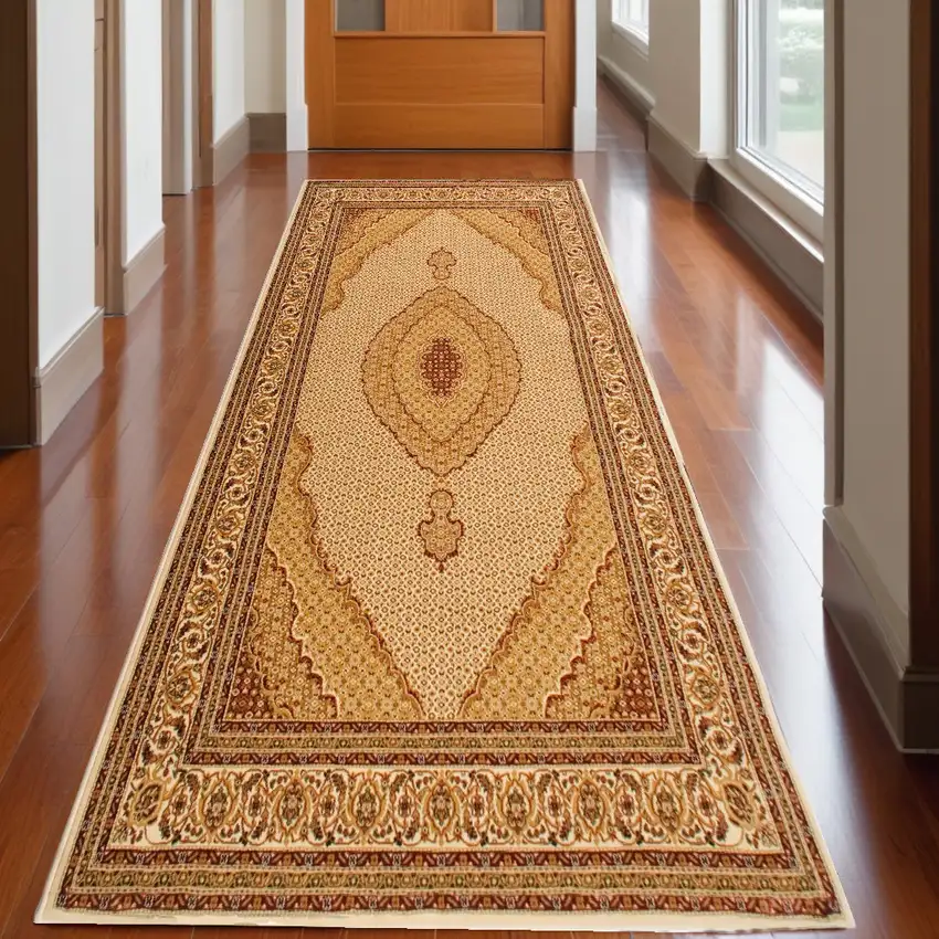 2' X 15' Cream Oriental Power Loom Stain Resistant Area Rug Photo 1