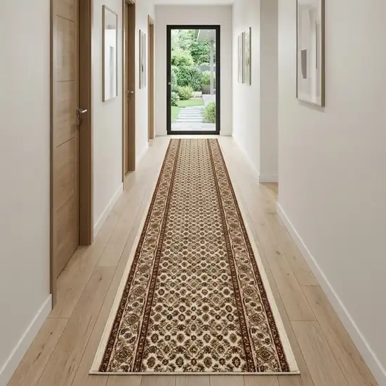13' Beige And Ivory Oriental Runner Rug Photo 1