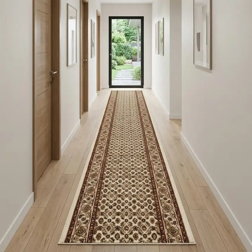 13' Beige And Ivory Oriental Runner Rug Photo 1