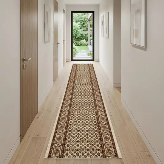 15' Beige And Ivory Oriental Runner Rug Photo 1