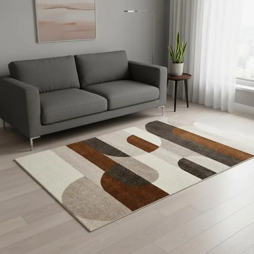 Cream Red And Brown Geometric Area Rug Photo 1