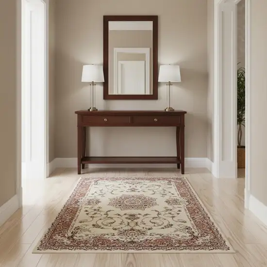 Orange and Ivory Oriental Power Loom Area Rug Photo 2