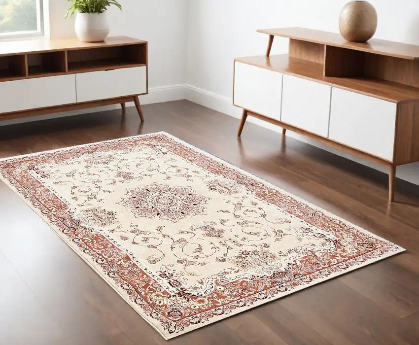 Orange and Ivory Oriental Power Loom Area Rug Photo 1
