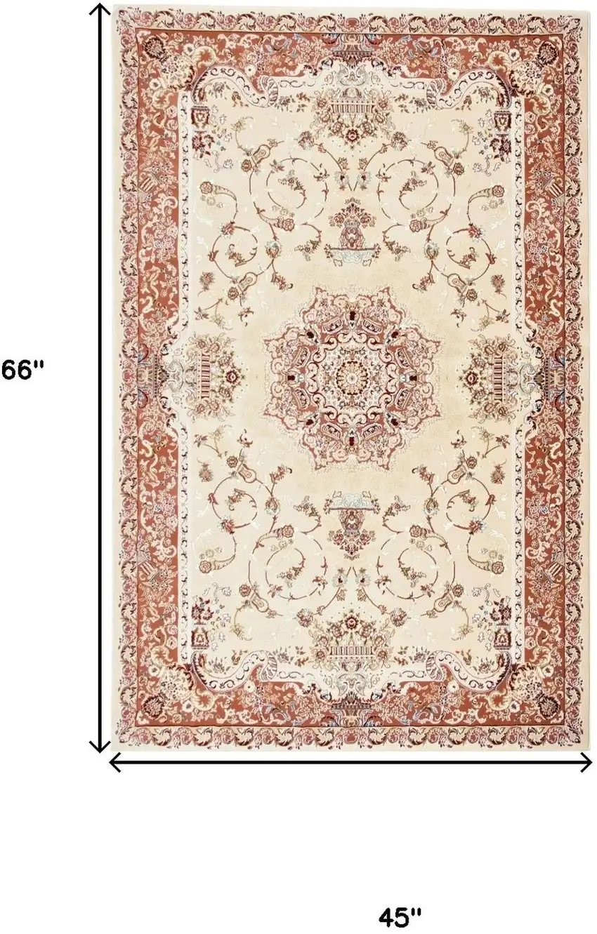 Orange and Ivory Oriental Power Loom Area Rug Photo 6