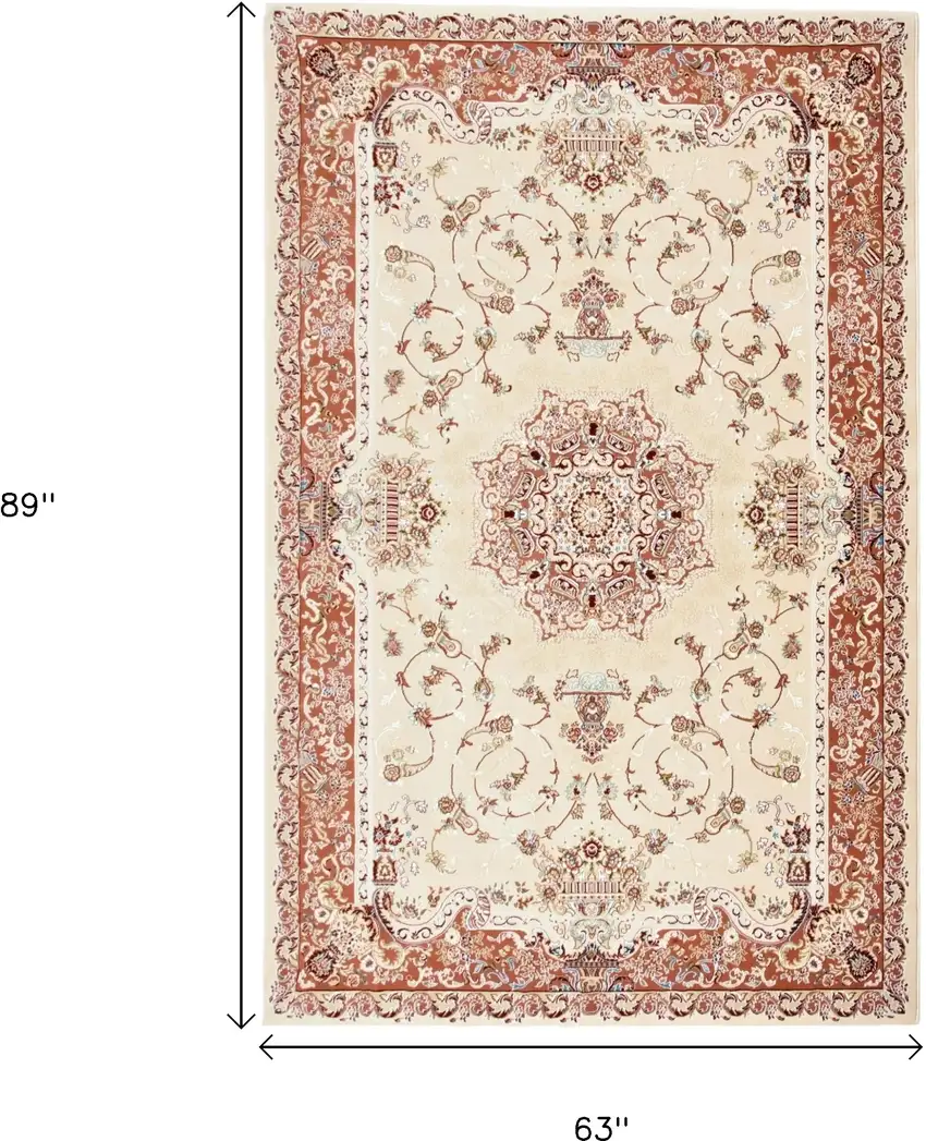 Orange and Ivory Oriental Power Loom Area Rug Photo 3