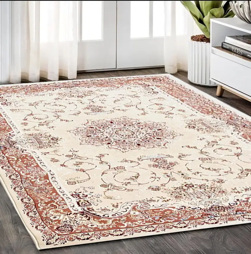 Orange and Ivory Oriental Power Loom Area Rug Photo 1