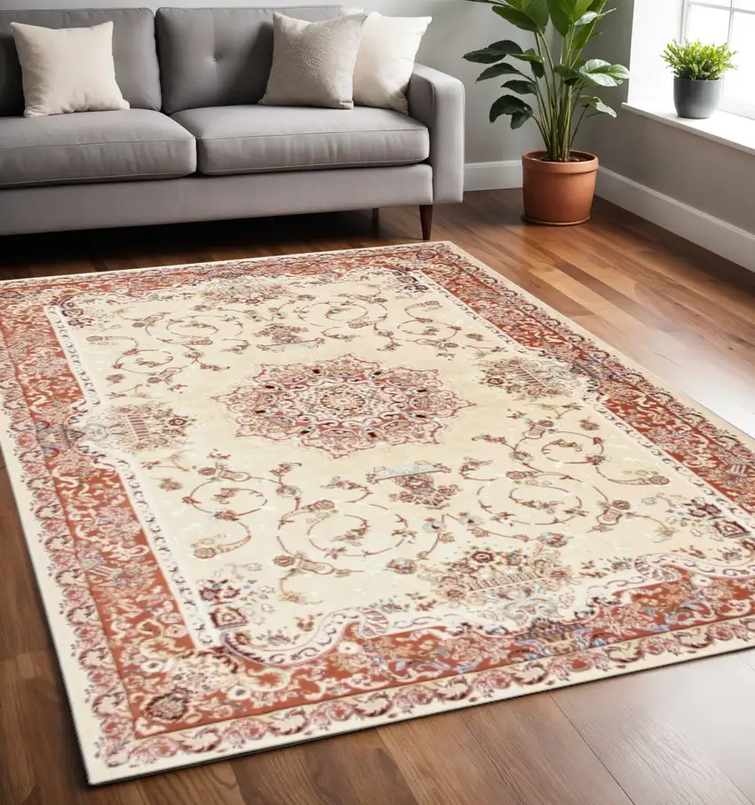 Orange and Ivory Oriental Power Loom Area Rug Photo 1