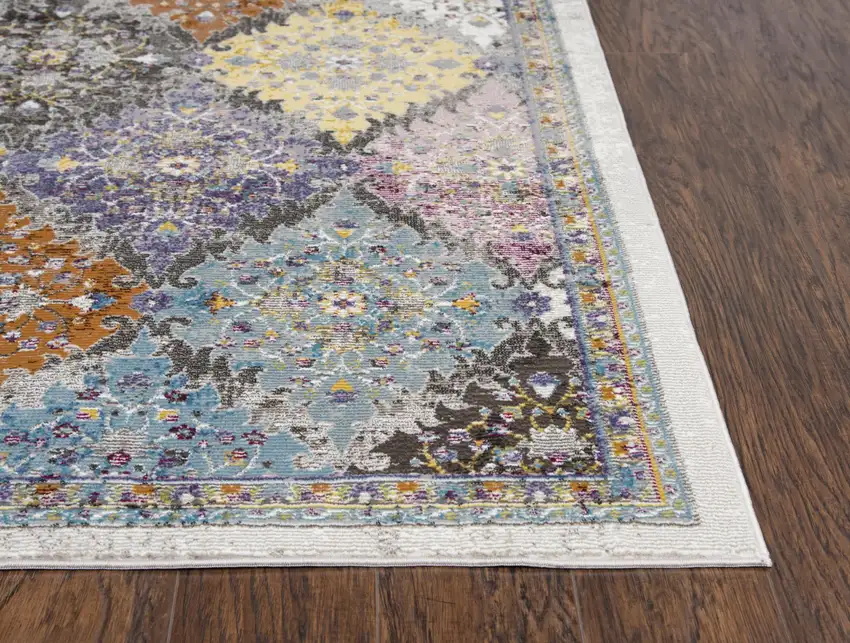Cream Rust Gold And Blue Diamond Area Rug Photo 3