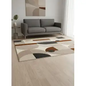 Photo of Cream Taupe And Red Geometric Area Rug