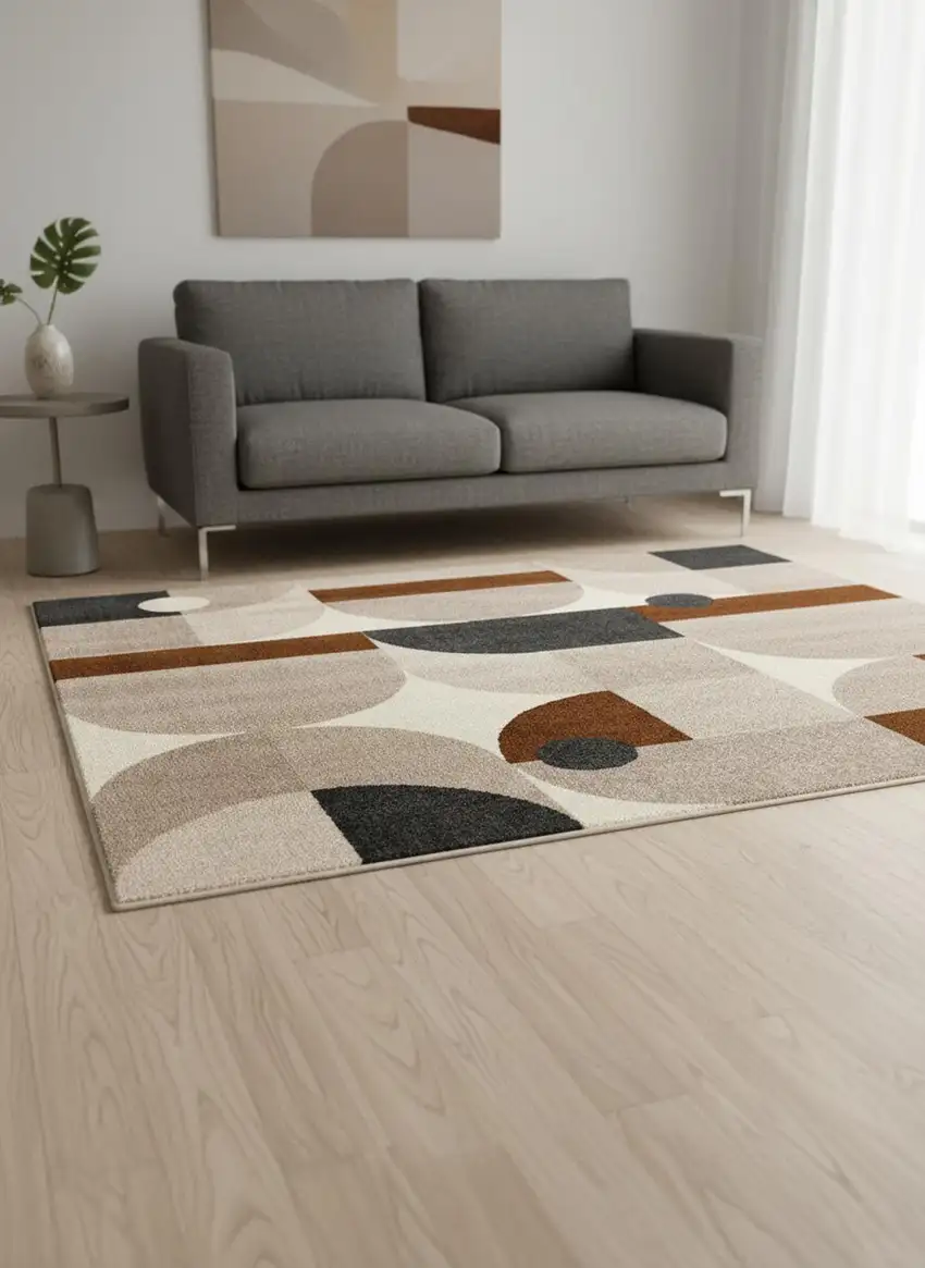 Cream Taupe And Red Geometric Area Rug Photo 1