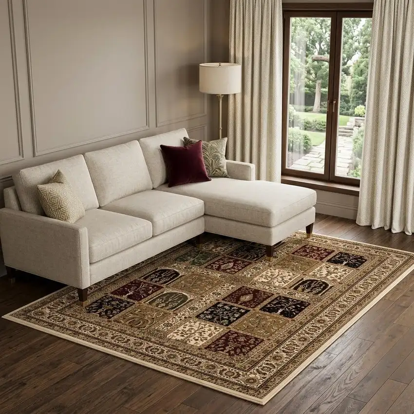 Beige and Black Oriental Power Loom Area Rug Photo 1