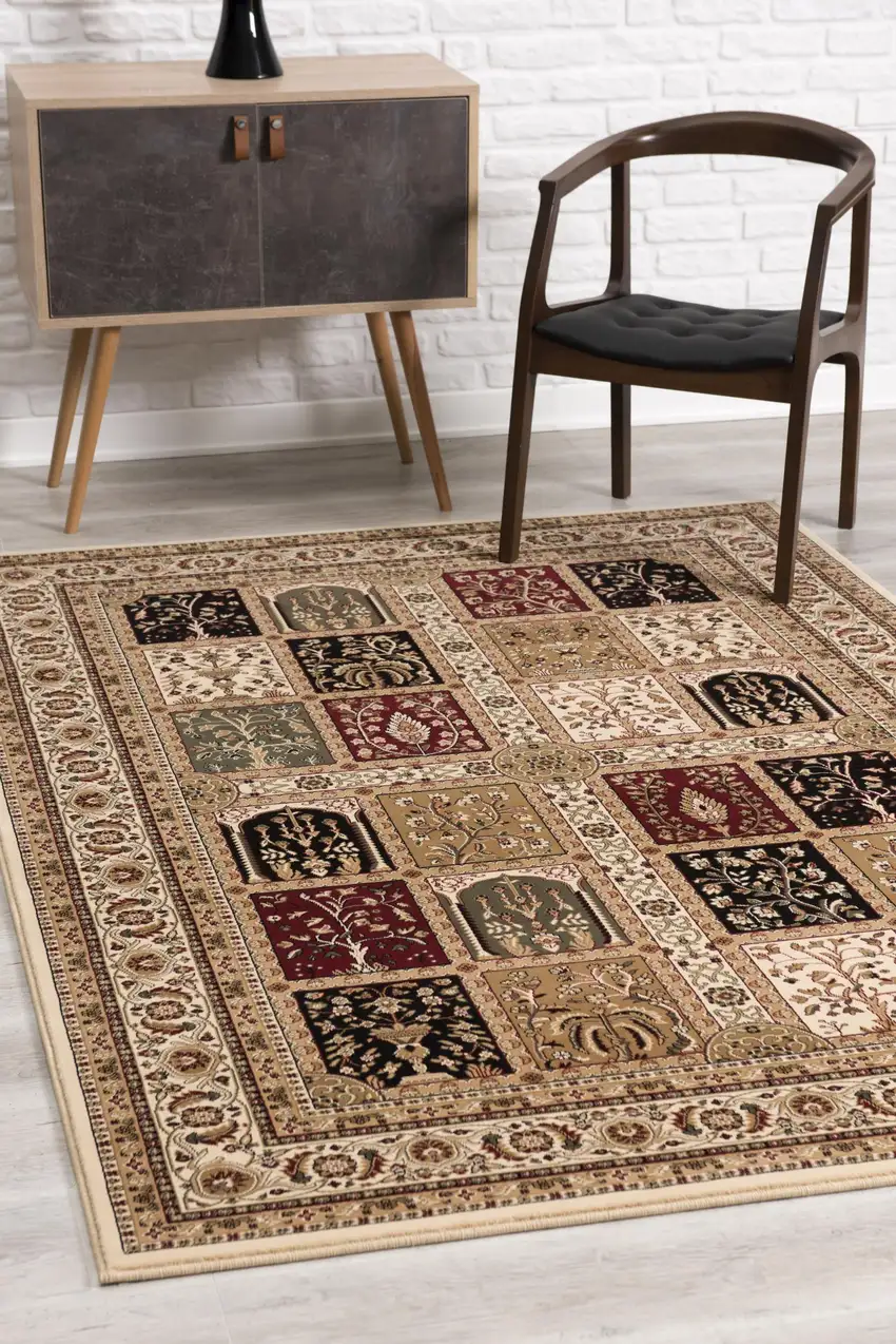 Beige and Black Oriental Power Loom Area Rug Photo 8