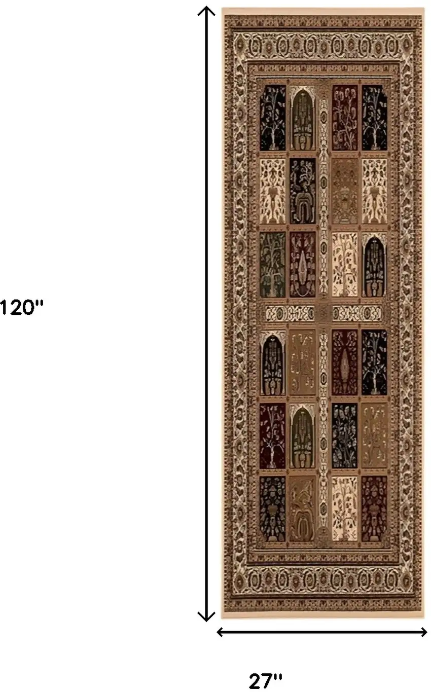 10' Beige And Black Oriental Runner Rug Photo 3