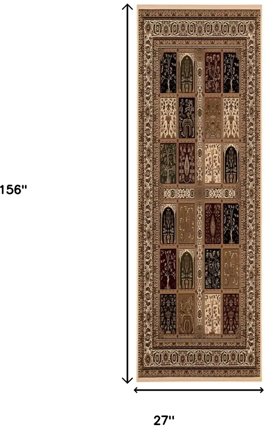 13' Beige And Black Oriental Runner Rug Photo 3