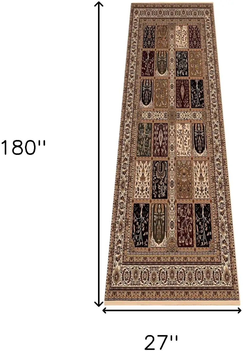 Beige and Black Oriental Power Loom Runner Rug Photo 3