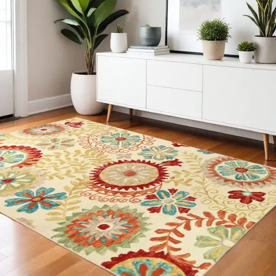 Cream Red And Teal Wool Medallion Hand Tufted Area Rug Photo 1