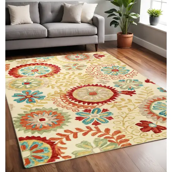 Cream Red And Teal Wool Medallion Hand Tufted Area Rug Photo 1
