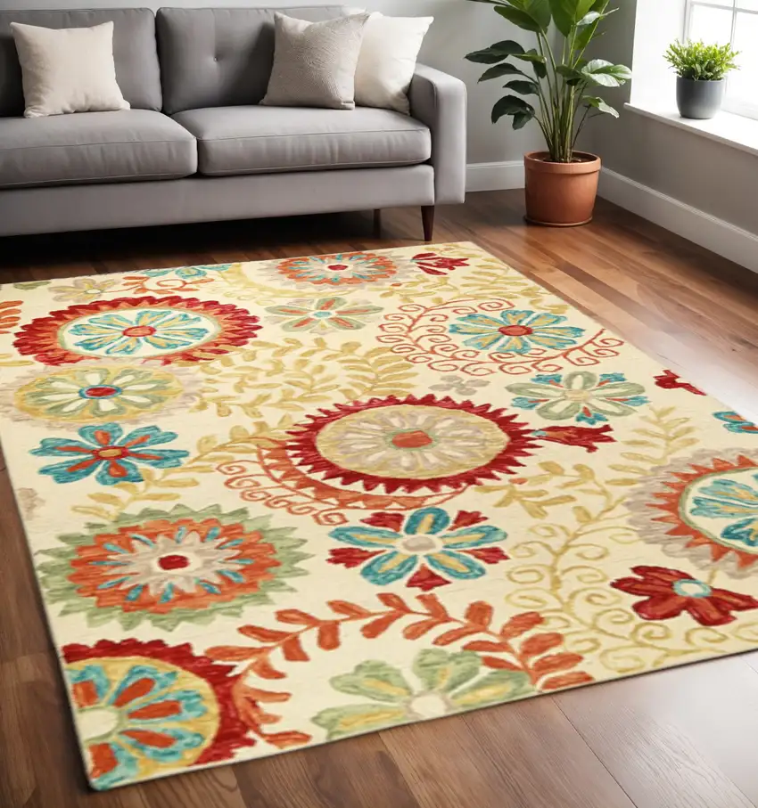 Cream Red And Teal Wool Medallion Hand Tufted Area Rug Photo 1