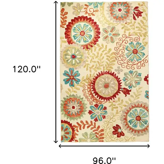 Cream Red And Teal Wool Medallion Hand Tufted Area Rug Photo 3