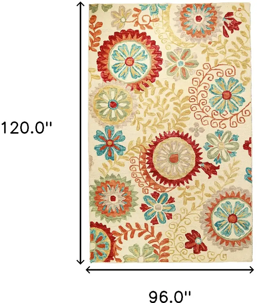 Cream Red And Teal Wool Medallion Hand Tufted Area Rug Photo 3