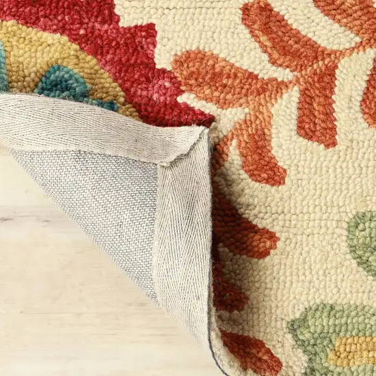 Cream Red And Teal Wool Medallion Hand Tufted Area Rug Photo 9