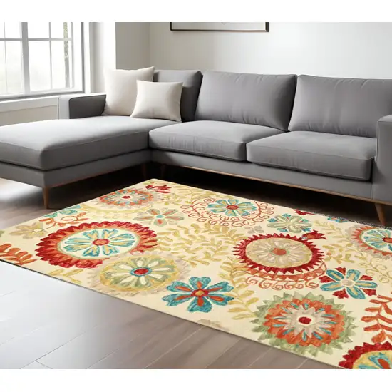 Cream Red And Teal Wool Medallion Hand Tufted Area Rug Photo 1