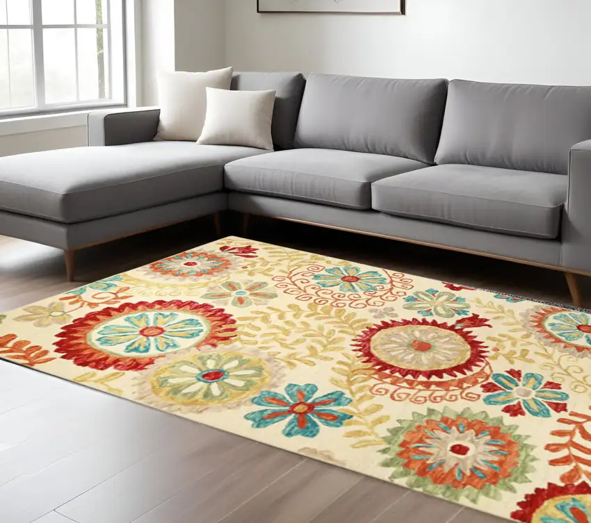 Cream Red And Teal Wool Medallion Hand Tufted Area Rug Photo 1