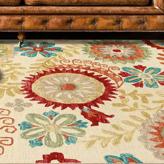 Cream Red And Teal Wool Medallion Hand Tufted Area Rug Photo 6