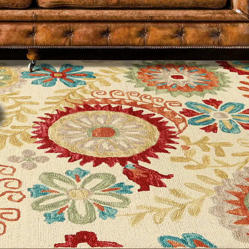 Cream Red And Teal Wool Medallion Hand Tufted Area Rug Photo 6