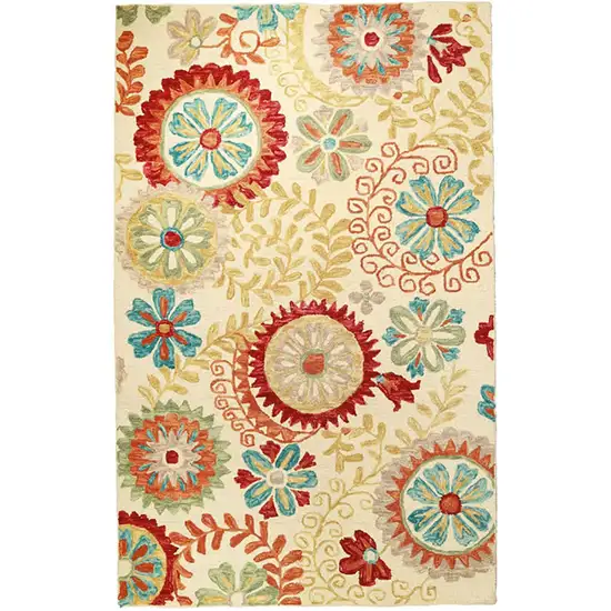 Cream Red And Teal Wool Medallion Hand Tufted Area Rug Photo 2