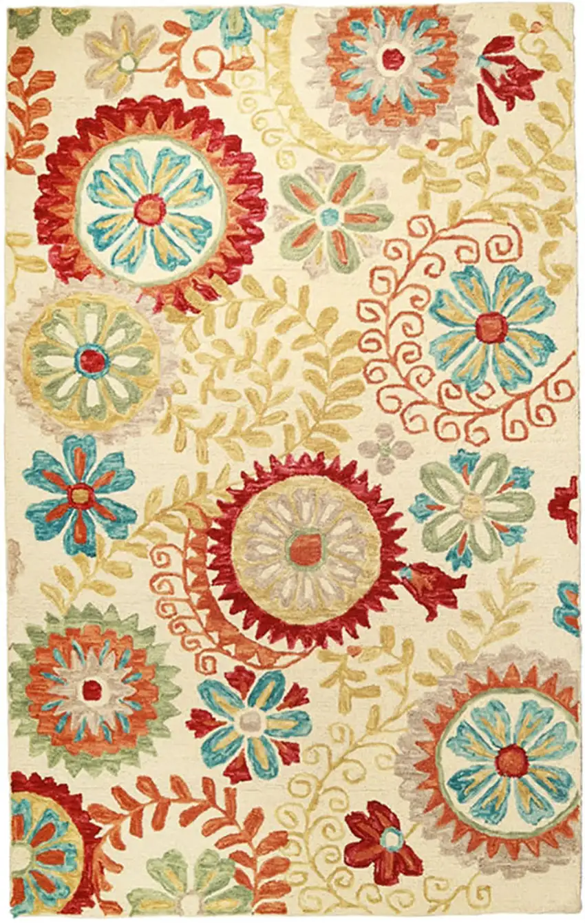 Cream Red And Teal Wool Medallion Hand Tufted Area Rug Photo 2