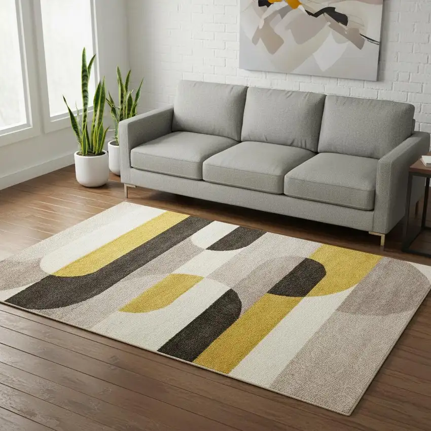 Cream Yellow And Brown Geometric Area Rug Photo 1