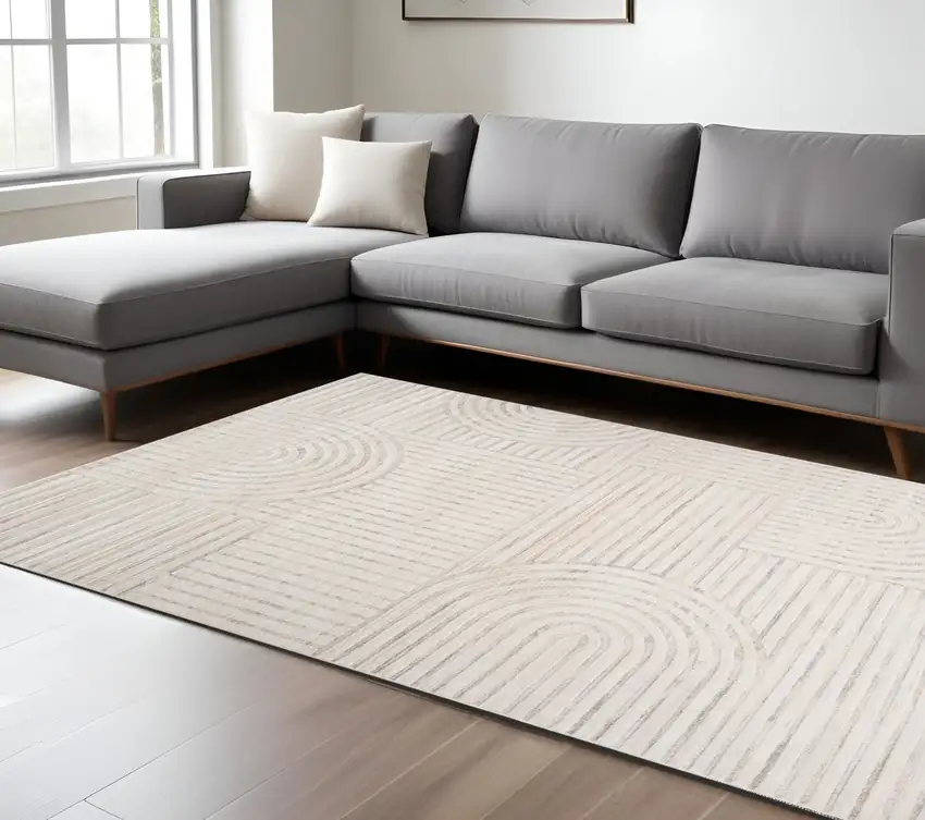 Cream and Beige Abstract Area Rug Photo 2