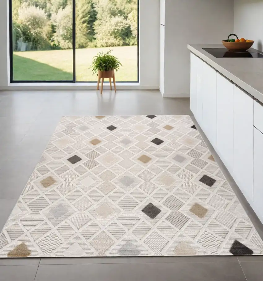 Cream and Beige Abstract Distressed Area Rug Photo 1