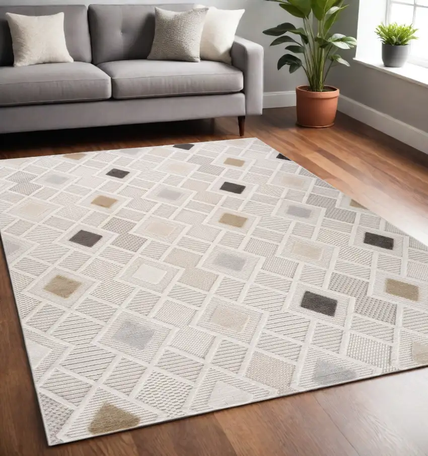 Cream and Beige Abstract Distressed Area Rug Photo 1