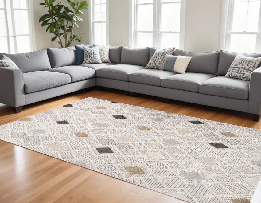 Cream and Beige Abstract Distressed Area Rug Photo 1