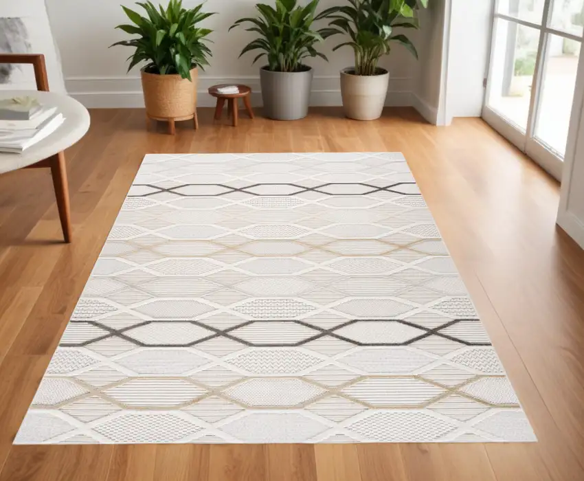 Cream and Beige Abstract Distressed Area Rug Photo 1