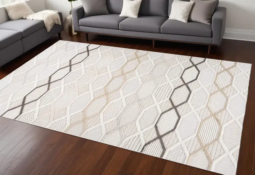 Cream and Beige Abstract Distressed Area Rug Photo 1