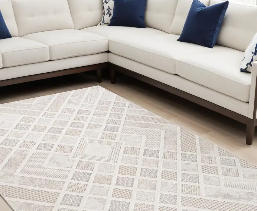 Cream and Beige Abstract Distressed Area Rug Photo 1