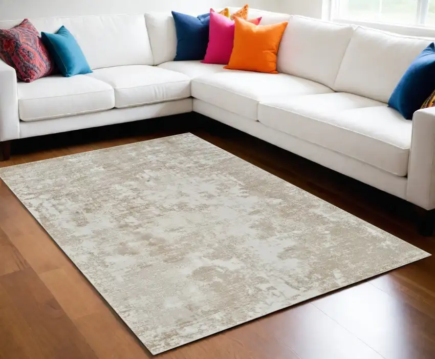 Cream and Beige Abstract Distressed Area Rug Photo 1