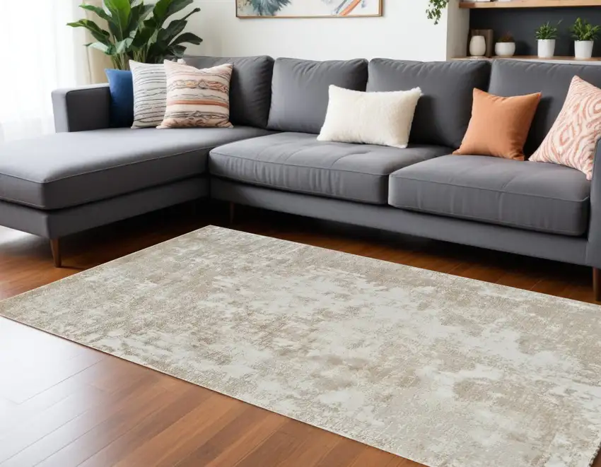 Cream and Beige Abstract Distressed Area Rug Photo 1